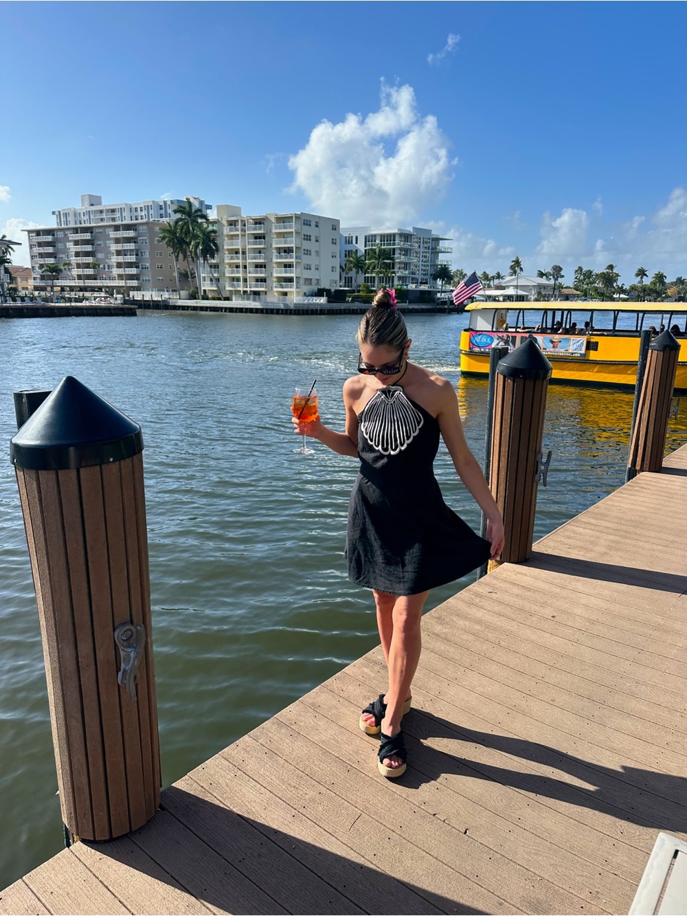 Farm Rio Black Halter One-Piece Dress with Shell Detail